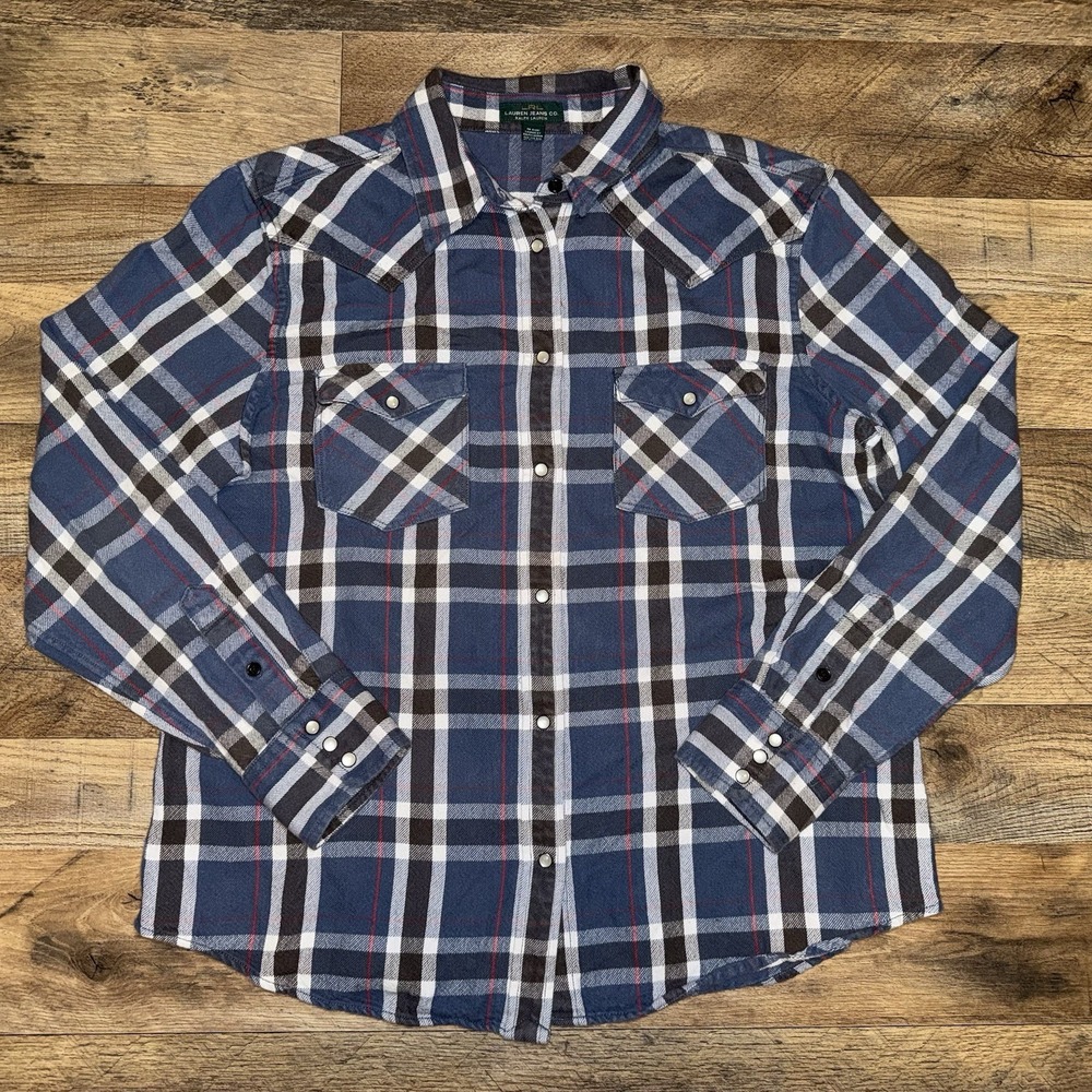 Lauren Ralph Lauren Women's Westernโ Pearl Snap Blue Plaid Button Up Shirt XL